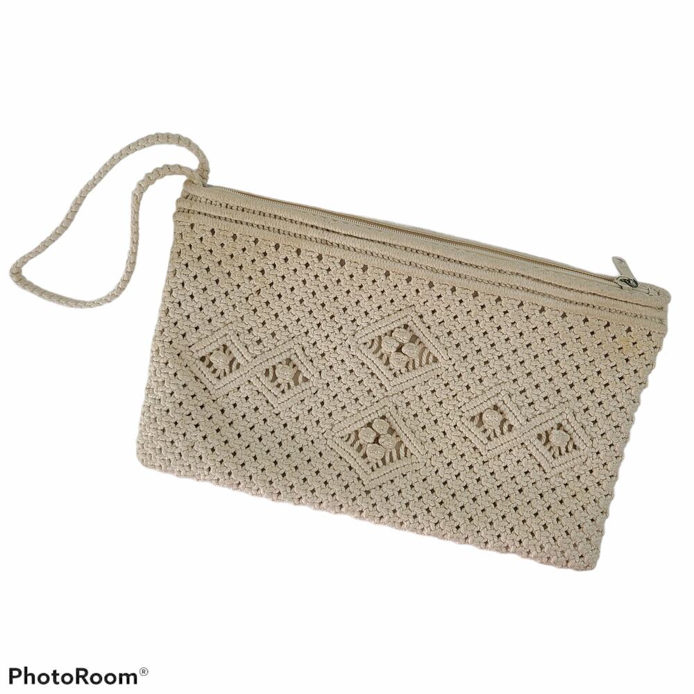 Natural macrame boho wristlet handbag, zip closure